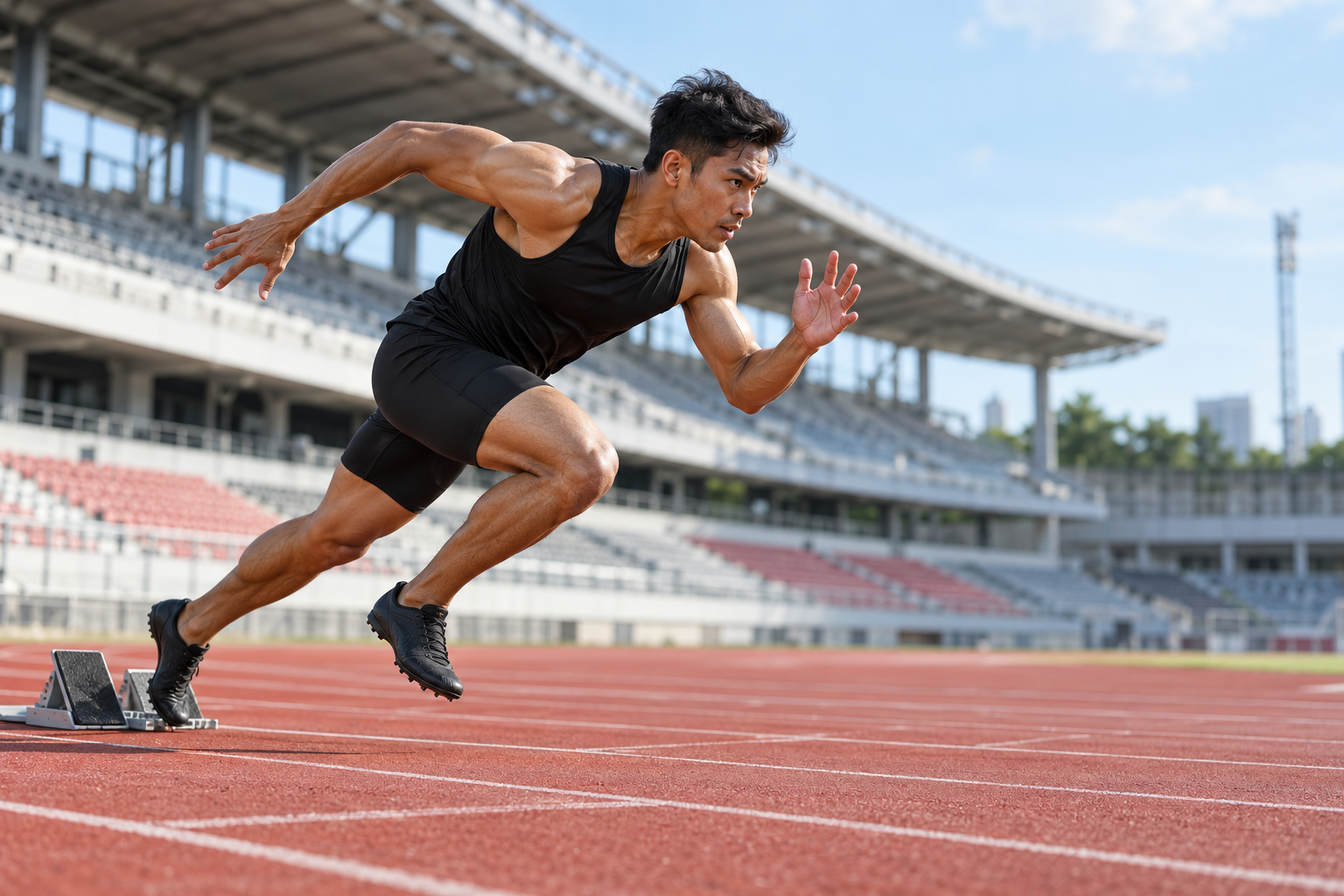 Pelari sprint berlatih di lintasan atletik
